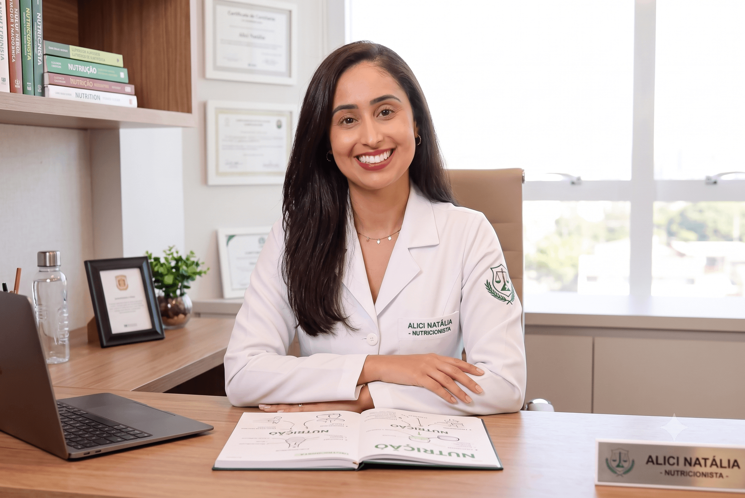 Alici Natália, Nutricionista Oncológica, sorrindo em seu consultório